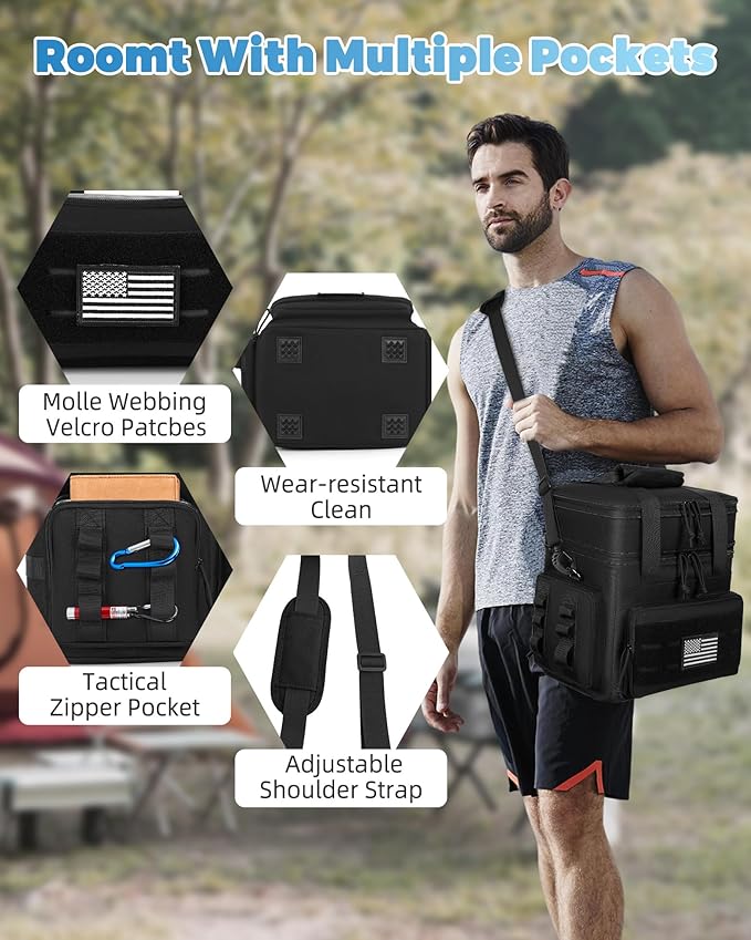 holuxer Tactical Lunch Bag & Lunch Box for Men - Large Double Deck Expandable Insulated Soft Adult Lunchbox for Work - Cooler Bag for Beach, Picnic, Camping,Outdoor，Travel (Black,16L)