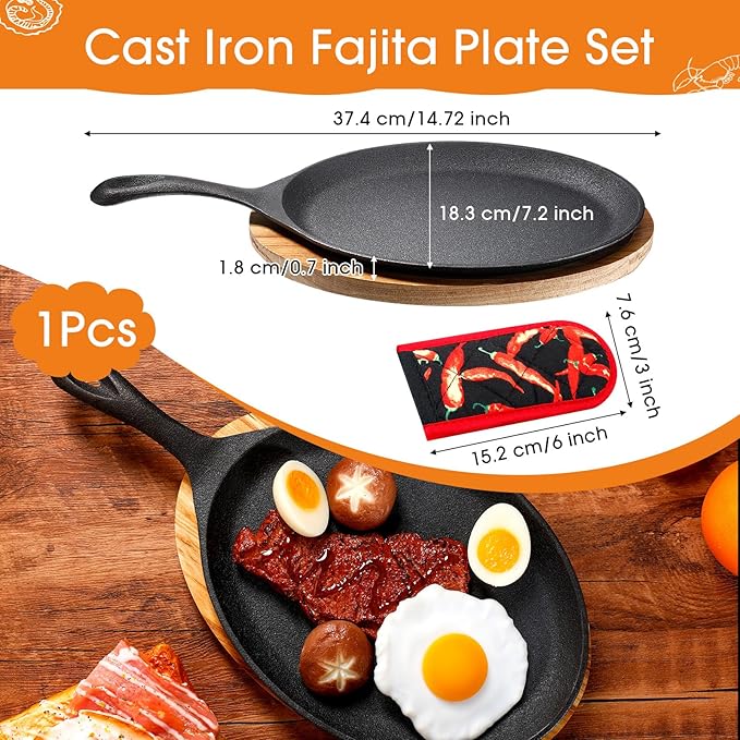 Lallisa 1 Set Cast Iron Fajita Plate Set Fajita Plate Pan with Wooden Tray Anti Scald Protection Hot Mitt Cast Iron Skillet Set for Home Barbecue Kitchen Party Restaurant Catering Service