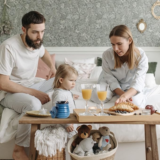 HASENSE Ceramic Honey Pot with Lid, 12 Ounce HoneyJar with Wooden Dipper, Honey Dipper Stick and Jar Set, Cute Small Container for Christmas Thanksgiving Gift, Dishwasher Safe, Blue