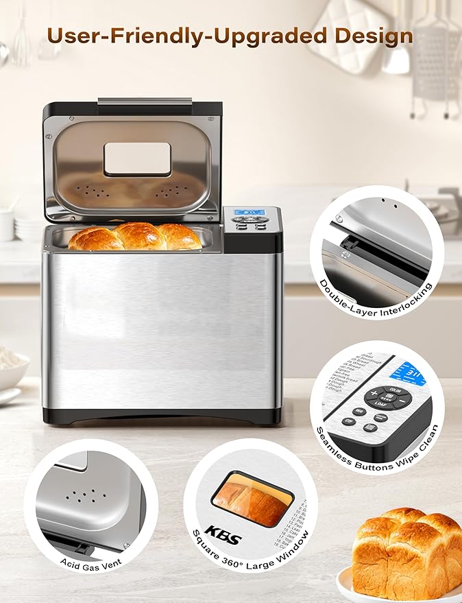 KBS 19-in-1 Programmable Bread Maker, 2LB Bread Machine with Healthy Ceramic Pan, Stainless Steel Bread Maker Machine with 15H Timer& 1H Keep Warm, Sourdough, Gluten Free, 3 Crust Colors, 53 Recipes