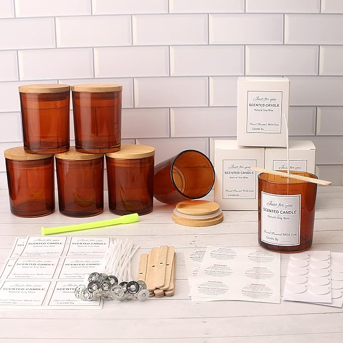 MILIVIXAY 12 Pack 12 OZ Amber Glass Candle Jars with Lids and Candle Making Kits - Bulk Empty Candle Jars for Making Candles - Spice, Powder Containers.