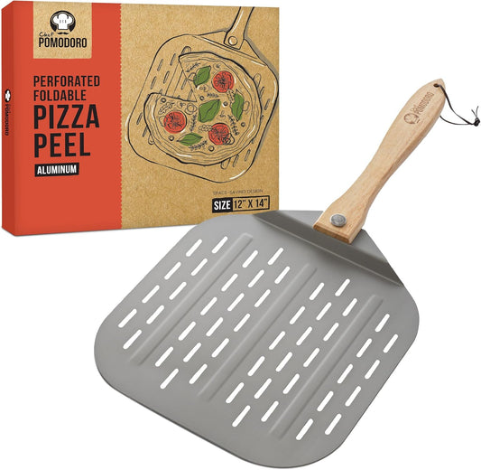 Chef Pomodoro Perforated Aluminum Metal Pizza Peel with Foldable Wood Handle for Easy Storage, Premium Pizza Paddle with Holes for Baking Homemade Pizza and Artisan Breads (12 inch)
