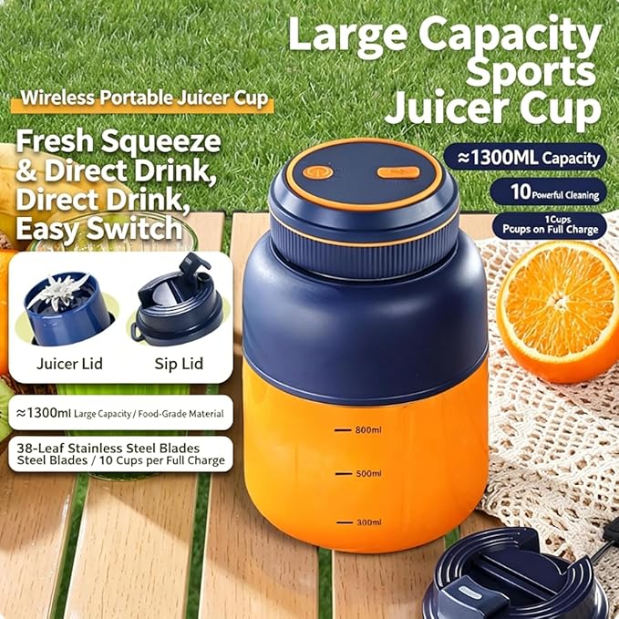 Portable Electric Juicer Cup with Zero Cord Hassle,Wireless Personal Juicer Cup USB Rechargeable Blender,38-Blades,Quiet Operation, Leakproof Lid,40 Seconds,for Shakes and Smoothies (Blue-45 Oz)