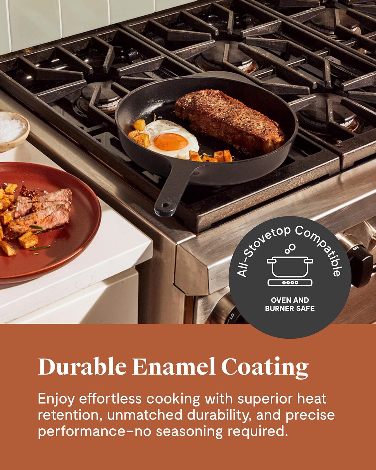 Caraway Cast Iron Skillet - 10.5” Enameled Cast Iron Pan With 3 Layer Enamel Coating - No Seasoning Required - Compatible With All Stovetops - Free From Forever Chemicals - Gray