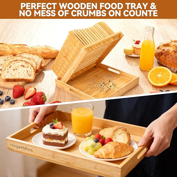 Bamboo Bread Slicer with Crumb Tray, 10.5″ Adjustable Bread Cutter & Bread Slicer Guide for Homemade Bread, Sourdough, Baguette & Sandwich – Foldable Kitchen Tool for Home Bakers
