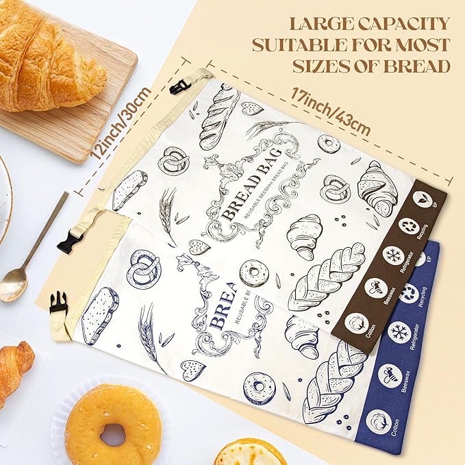 Reusable Beeswax Bread Bags - Large Capacity Cotton Storage for Homemade, Sourdough & Fresh Bread | Food-Grade Eco-Friendly Storage Solutions