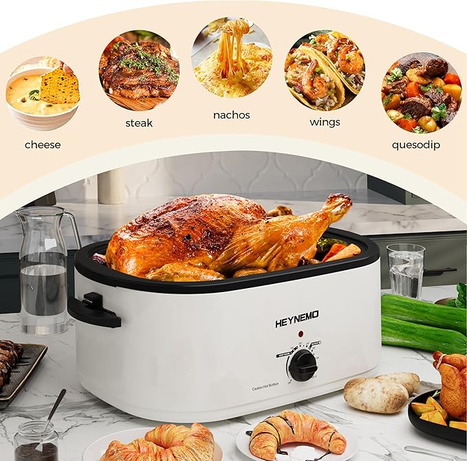 Roaster Oven 22Qt, 1450W Electric Turkey Roaster Oven Buffet with Self-Basting Lid, Cool-Touch Handles, Removable Pan and Rack, Stainless Steel, White