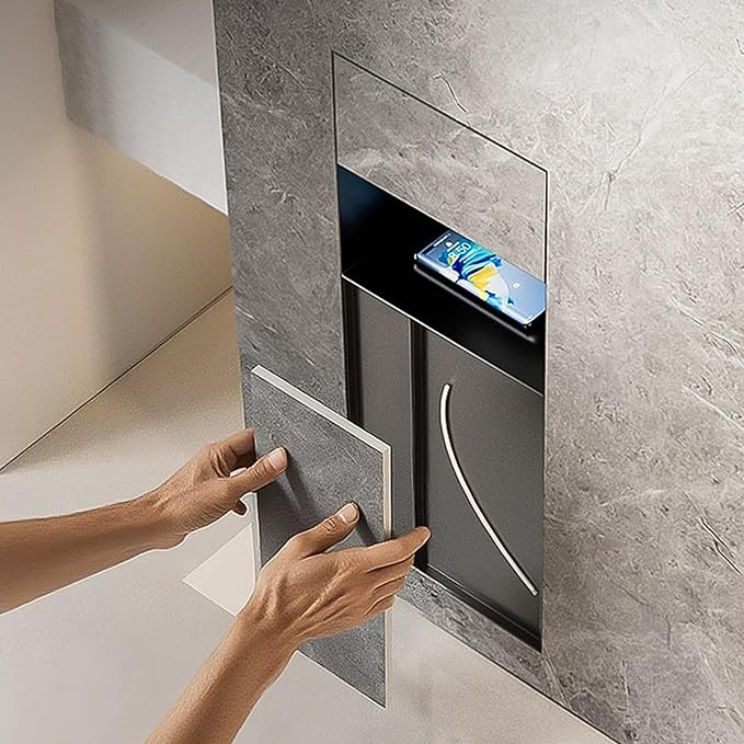 Recessed Bathroom Trash Can & Toilet Paper Holder Tile-Friendly Built-in Hidden Garbage Bin Stainless Steel Recessed Storage Cabinet Shower Nich for Toilet Bathroom Hotel,D