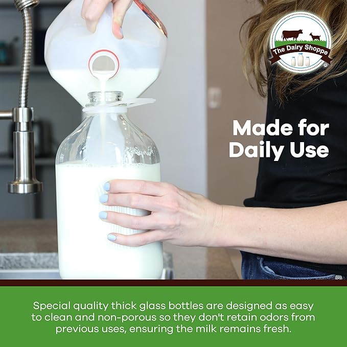 The Dairy Shoppe Heavy Glass Milk Bottles - Jugs with Lids, Silicone Pour Spouts - Clear Milk Containers for Fridge - Reusable Glass Milk Jug Dispenser - Made in USA (64 oz, 4 Pack)
