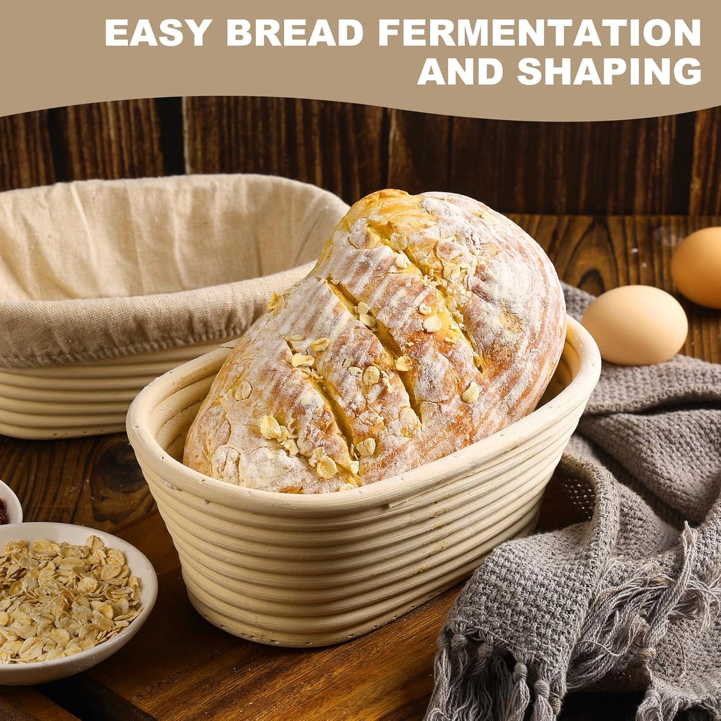 Banneton Bread Proofing Basket - Banneton Basket Set of 4 Pack 6.7 inch Oval Sourdough Proofing Basket with Liner - Handmade Rattan Proofing Rising Bowl for Artisan Bread Making Baking Supplies
