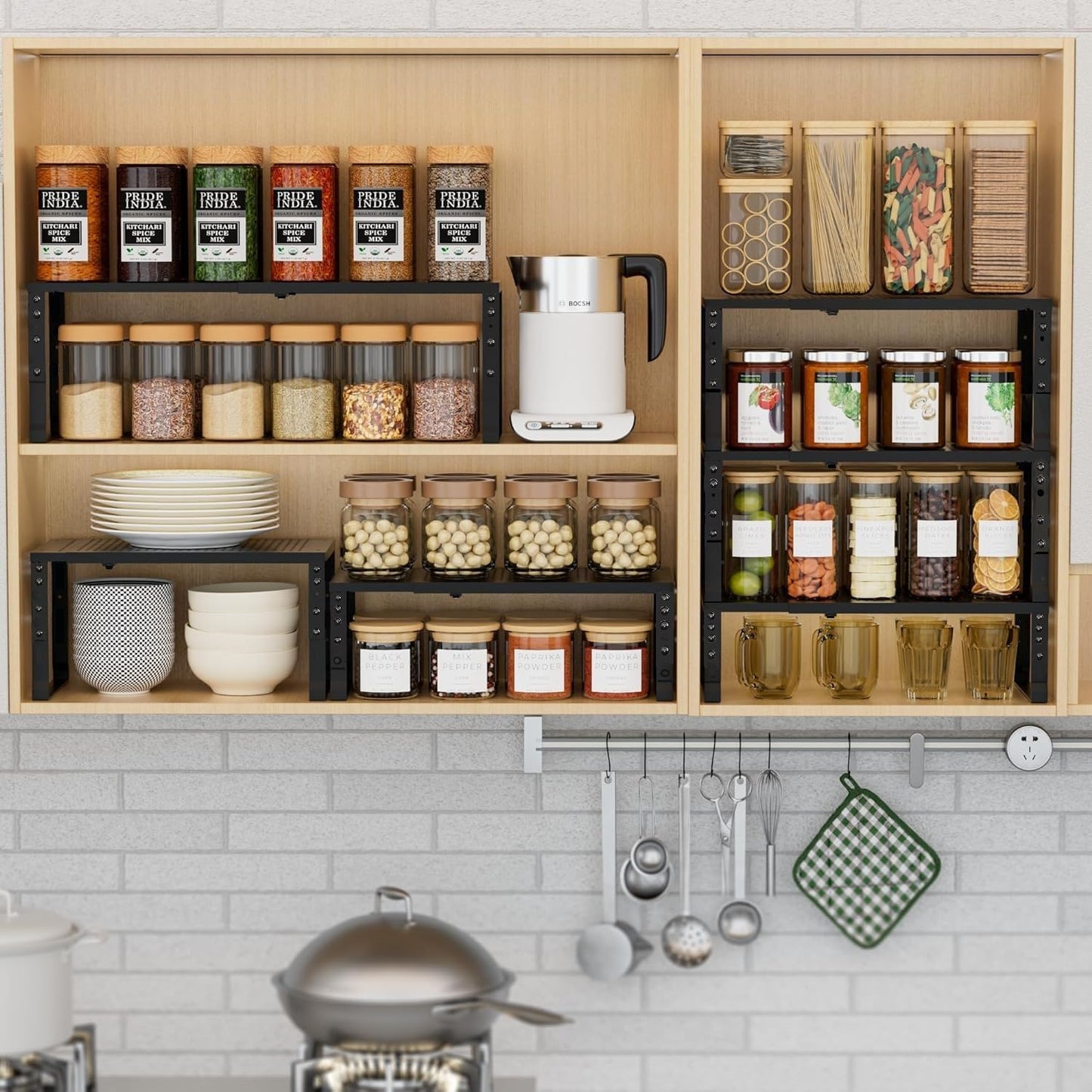 Expandable Spice Rack Kitchen Cabinet Shelf Organizer, Stackable Storage Shelves Racks, Adjustable Counter Shelving for Cabinets, Countertop, Cupboard,Pantry and More(2Packs/Black/Large)