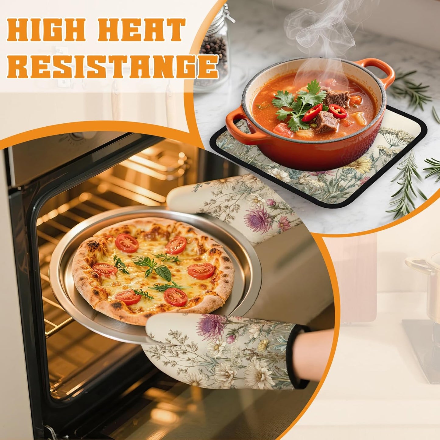 Vintage Wildflowers Oven Mitts and Pot Holders,Floral Botanical Herbs Heat Resistant Oven Mitts Gloves and Pot Holder for Home Kitchen Decorations Cooking Baking BBQ Gifts,Set of 4