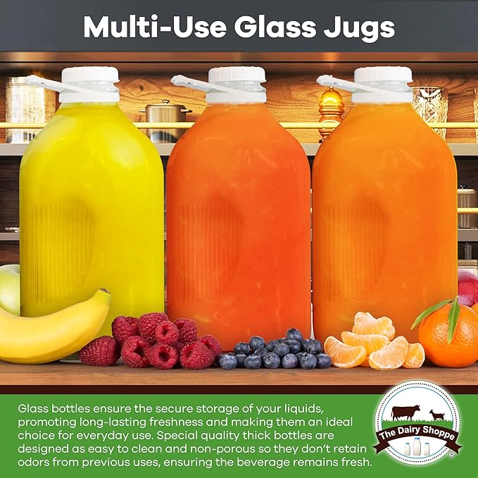 The Dairy Shoppe Heavy Glass Milk Bottle - Jug with Lid and Silicone Pour Spout - Clear Milk Container for Fridge - Reusable Glass Milk Jug Dispenser - Made in USA (64 oz, 1 Pack)