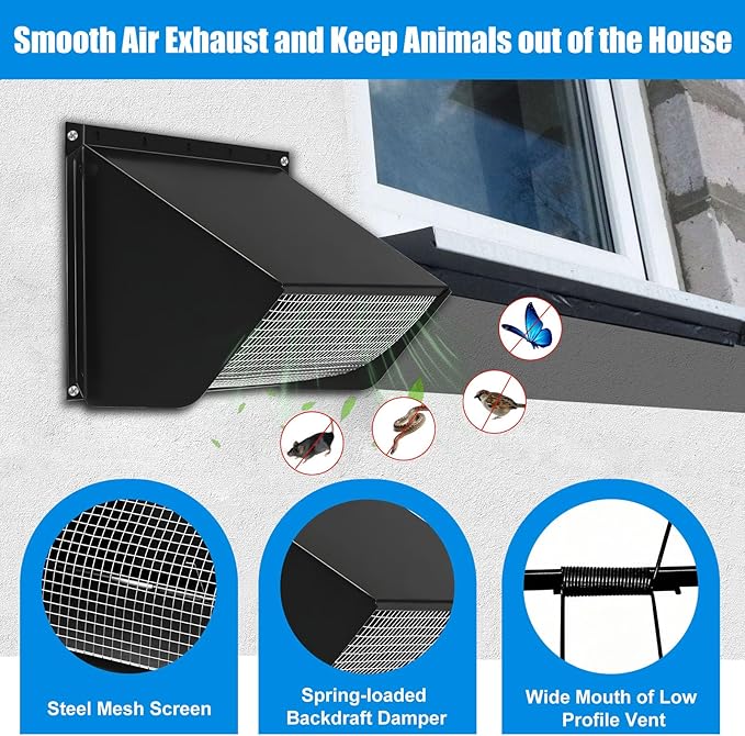 Microwave Vent Range Hood Wall Cap, 3-1/4" x 10" Rectangular Exhaust Vent Cover with Damper & Screen, Replacement for Broan & Most Over-the-Range Microwaves, Kitchen & Bathroom Ventilation, Black