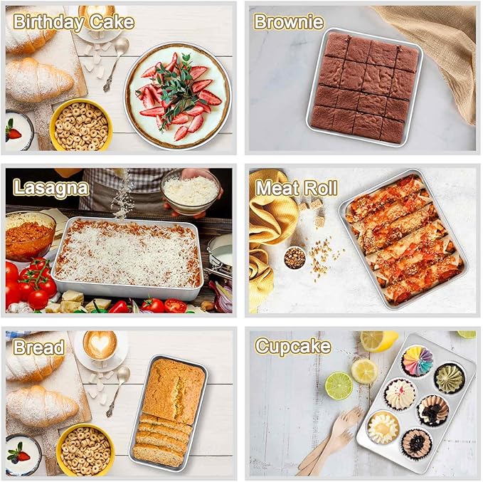 TeamFar Stainless Steel Bakeware Set of 8, Baking Roasting Toaster Oven Pans, Lasagna/Square/Round Cake Pan, Loaf Pan & Muffin Pan, Non-Toxic & Sturdy, Smooth & Dishwasher Safe