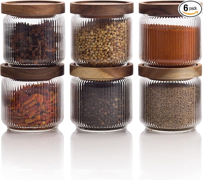 Mason & Fable 12 fl oz, 350ml Glass Food Storage Jars with Wood Lids (6pcs) - Stylish Ribbed Pattern for Kitchen Organization and Storage Containers for Spice, Tea, Coffee/Sugar