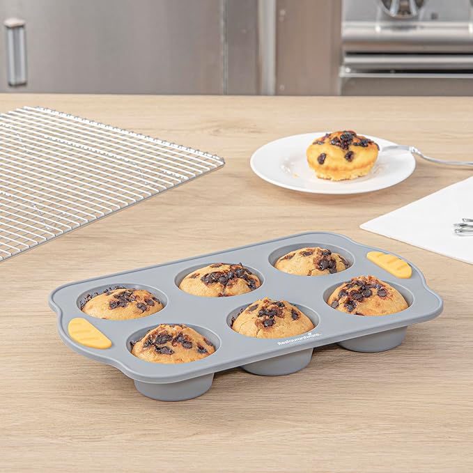 Restaurantware Silicone Baking Mold Pack of 1 Non-Stick Muffin Mold with Handles 6 Compartments, Oven-Friendly Dishwashable Freezer-Friendly Heat-Resistant Gray Silicone Cupcake Muffin Pan