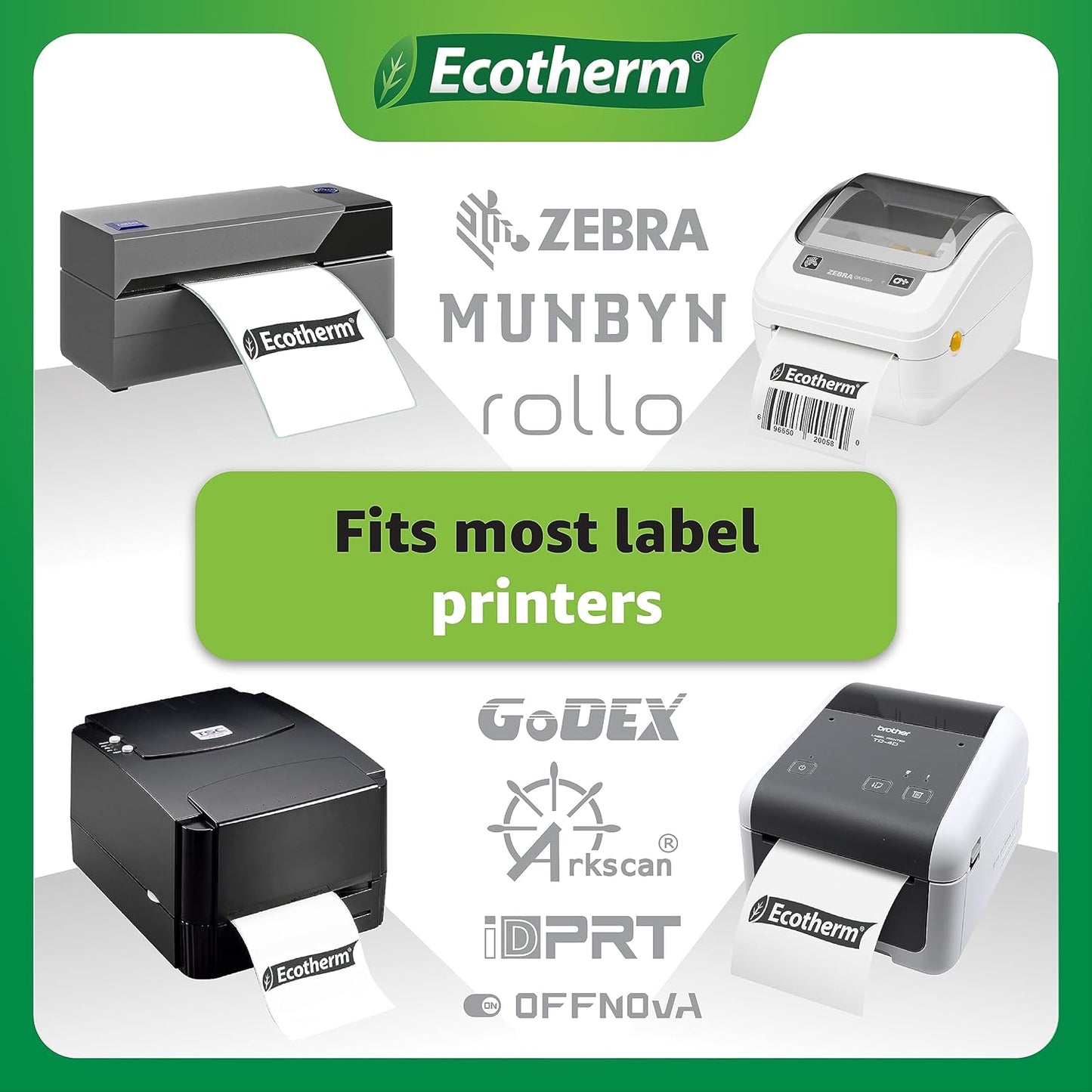 2.25" x .5" Thermal Labels | 4 Rolls | 13840 Labels | fits Zebra, Munbyn, Rollo, Godex, Arkscan, iDPRT, Offnova Thermal Label Printers and More | Blank White Adhesive Stickers by Ecotherm