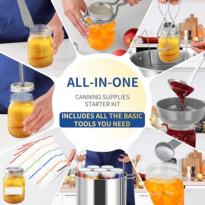 Canning Supplies Starter Kit,Canning Kit for Beginners of 9 with Jar Lifter，Wide Mouth Funnel,Wrench,Tongs,Lid Lifter,Bubble Popper,Canning Labels,ladle,Measuring Spoon-Gray