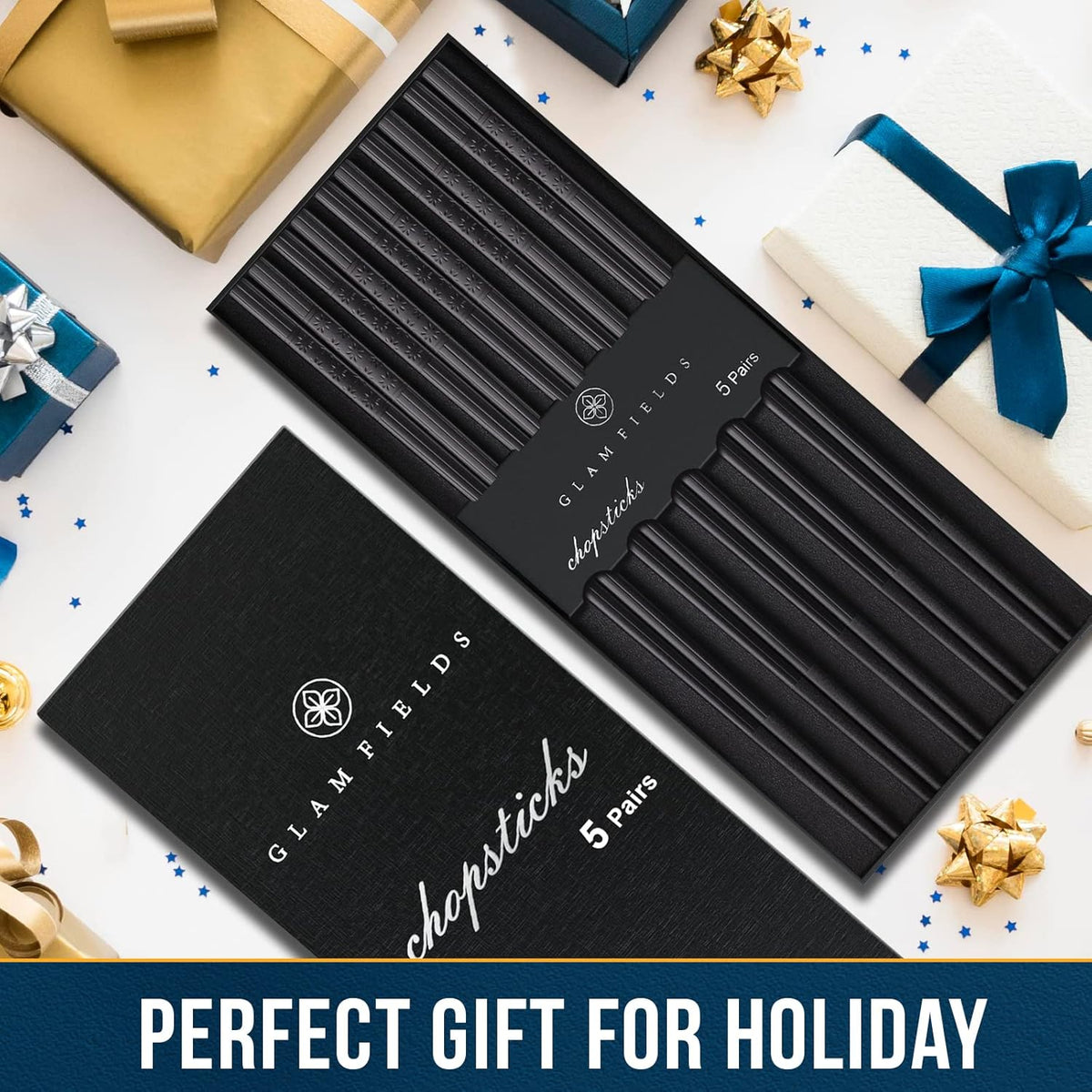 Chopsticks, GLAMFIELDS 5 Pairs Premium Black Chopsticks Reusable for Sushi Japanese Matte Anti-slip Chop Sticks with Gift Case Lightweight Dishwasher Safe, 9 1/2 Inches