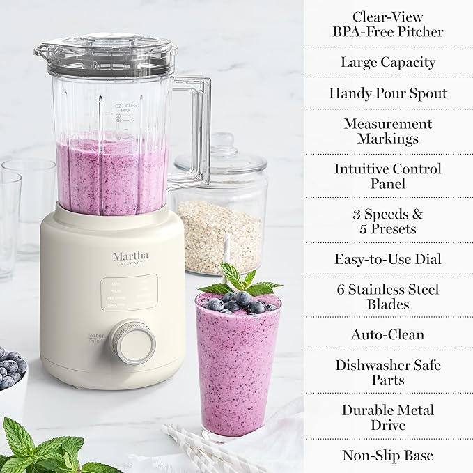Martha Stewart 50oz Countertop Blender, Smoothie, Margarita & Ice Crushing Blender, BPA-Free Pitcher, 3 Speeds, 5 Presets, Auto-Clean Function, Dishwasher Safe, Stainless Steel Blades, Linen Cream