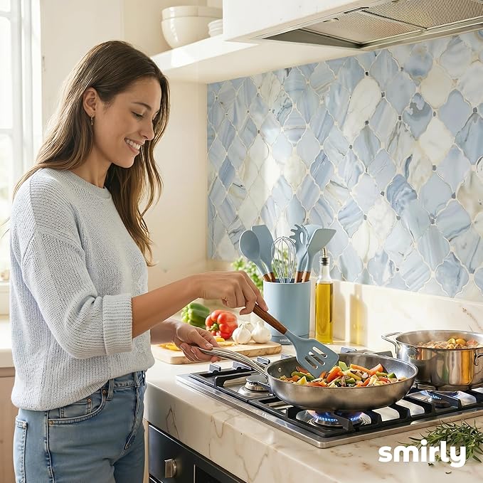 Silicone Kitchen Utensils Set & Holder: Cooking Utensils Set - Kitchen Essentials for New Home & 1st Apartment- Silicone Spatula Set, Cooking Spoons for Nonstick Cookware (Acacia Wood, Blue)