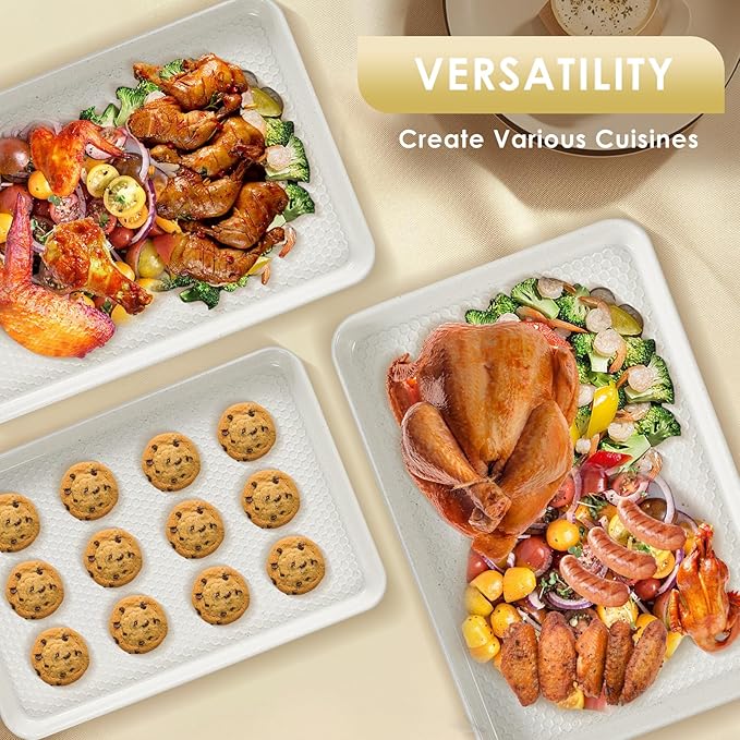 Baking Sheet Pan Set of 3, Nonstick Carbon Steel Cookie Sheets with Texture, Commercial Half/Quarter/Jelly Roll Pans Replacement Toaster Oven Tray, Heavy Duty & Easy Clean, White