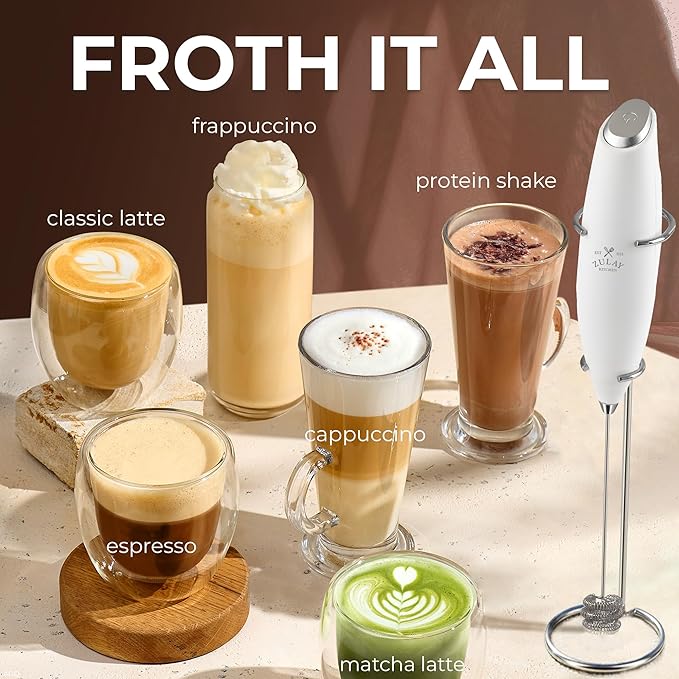 Zulay Kitchen Patented Tornado Triple Whisk Milk Frother with 4 Duracell Batteries – Handheld Foam Maker for Coffee, Lattes, Matcha & Hot Chocolate – Rich, Creamy Froth in Seconds - Blizzard White