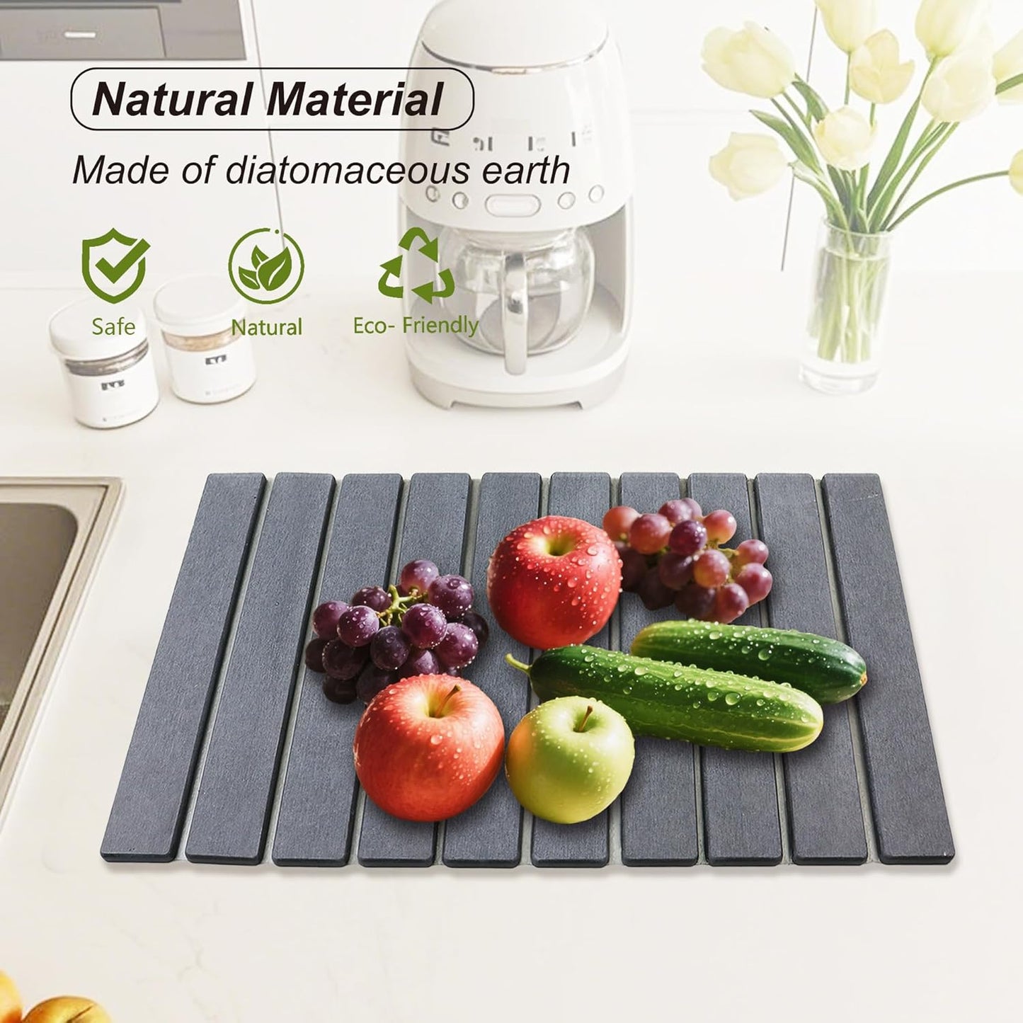 Large Stone Drying Mat for Kitchen Counter Diatomaceous Earth Collapsible 24”（L）*16”（W）Super Heat Resistant Mats, Quick Absorbent Dish Drying Rack（Dark Gray）