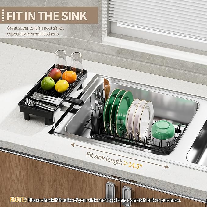 SanDream Dish Drying Rack, Small Over Sink Dish Drying Rack, Expandable Over the Sink Dish Drying Rack with Drip Tray for Kitchen Counter & in Sink