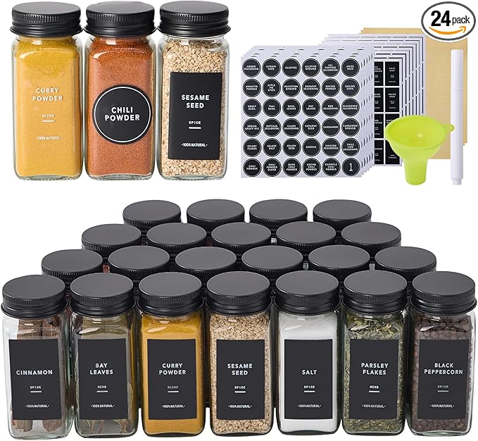 24 Glass Spice Jars with 576 Labels-Spice Jars with Black Metal Caps, 4oz Empty Square Spice Containers with Shaker Lids, Funnel, Pen, Seasoning Bottles for Spice Rack, Drawer, Cabinet