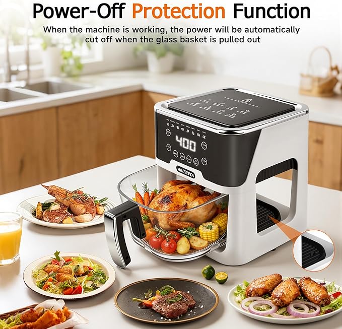 Glass Air Fryer, Portable Air Fryer with 6.0QT Glass Container, Adjustable Temp & Time, Overheat & Power-Off Protection, 8-in-1 Non Toxic AirFryer for Quick Easy Meals