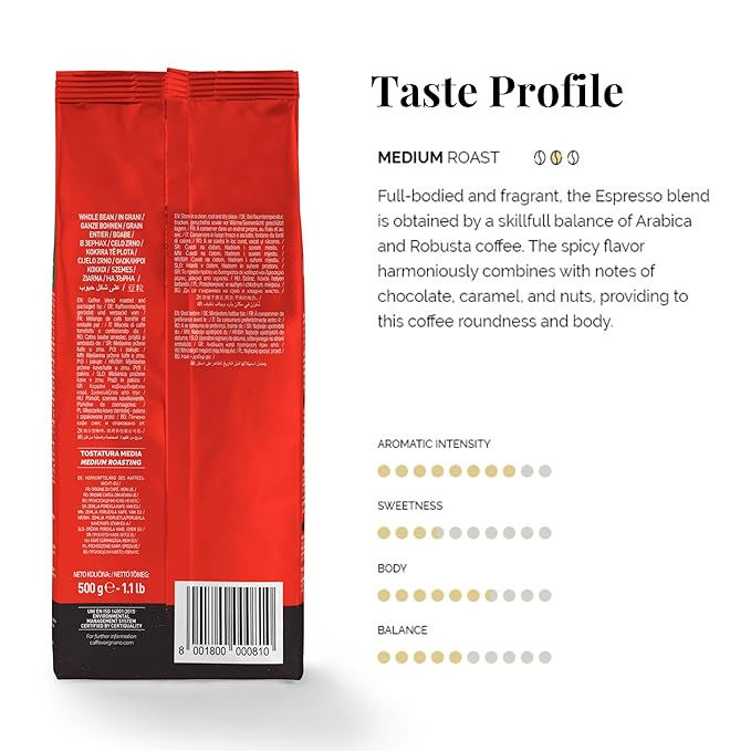 Caffe Vergnano Espresso Coffee Beans Whole, 1.1lb bag - Medium Roast Arabica Robusta Coffee Beans, Chocolate & Caramel Notes - Perfect for Espresso Machine, Moka Pot, French Press, Drip Coffee Maker