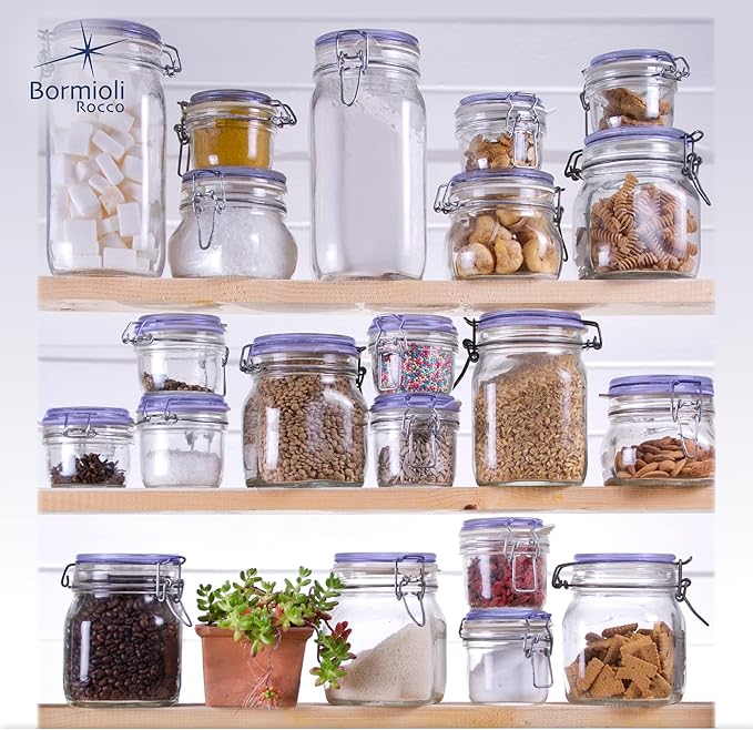 Bormioli Rocco Fido Collection, 2 Pack, 25¼ Oz. Food Storage Glass Jars, Airtight Rubber Seal & Glass Lid, With Stainless Wire Clamp, Made In Italy.