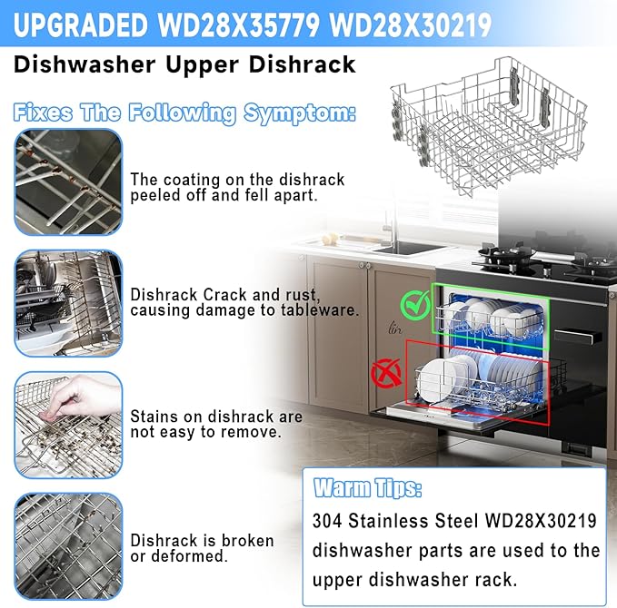 UPGRADED WD28X35779 WD28X30219 Dishwasher Upper Rack Compatible with GE Dishwasher Rack Replacement Parts with Wheel,304 Stainless Steel WD28X30219 WD28X25018 WD28X26104 GE Dishwasher Upper Rack Part