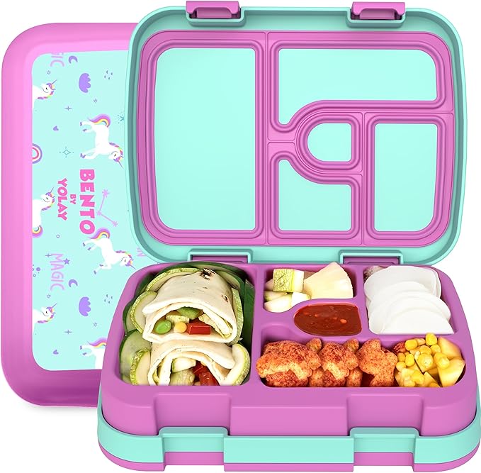 YOLAY Bento Box for Kids Lunch Box Leak-Proof, 5-Compartment Lunch Box Kids for Ages 3-10, Durable with Anti-Slip Base, Suitable for Schools, Outdoor and Travel (Unicorn)