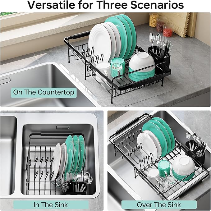 Urackify Dish Drying Rack in Sink - Expandable (14.5''-18''L) Over The Sink Dish Rack with Utensil Holder, Space-Saving Dish Drainer for Kitchen Counter, 1 Piece, Matte Black