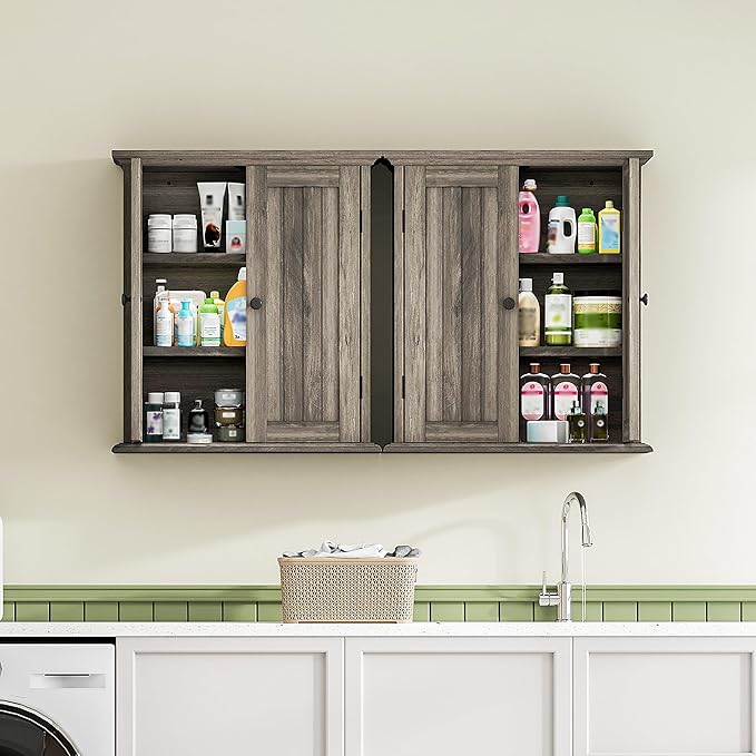 ChooChoo Bathroom Wall Cabinet, Over The Toilet Space Saver Storage Cabinet, Farmhouse Medicine Cabinet with 2 Doors and Adjustable Shelves, Cupboard, Retro Grey
