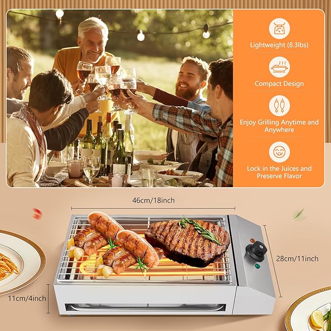 Electric Indoor Outdoor Grill, 1800W Commercial Electric Grill with Removable Griddle, Adjustable Temperature 122F-572F, Stainless Steel Smokeless Indoor Grill for Party Cooking Home Commercial