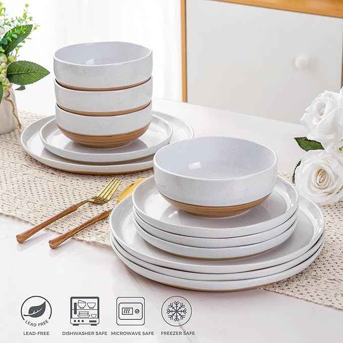 AmorArc Ceramic Dinnerware Sets for 8, 24 Pieces Handpainted Plates and Bowls Set with Rustic Terracotta Underside, Scratch Resistant Stoneware Dishes Set, Dishwasher & Microwave Safe, White