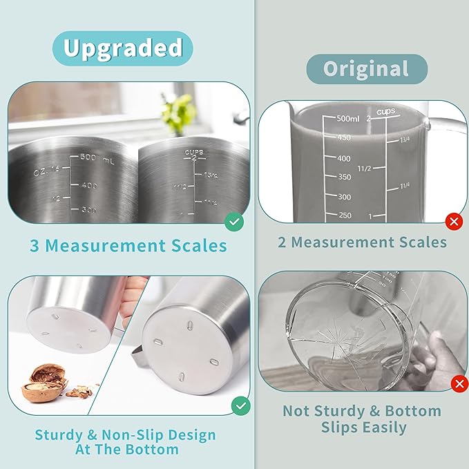 Newness 5 Pack Stainless Steel Measuring Cups Set (3 Marking Including Cup/ML/Oz Scale)(2, 3, 4, 6 & 8 Cup) Metal Measuring Cup with Handle For Prepping, Baking and Cooking, Dishwasher, Microwave Safe