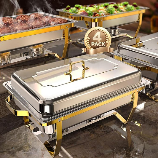 Chafing Dishes for Buffet 4 Pack, 9QT [Elegant Gold and Silver Colors] Food Warmers for Parties Buffet [Sturdy and High Grade] Chafing Dish Buffet Set for Any Party with Complete Set