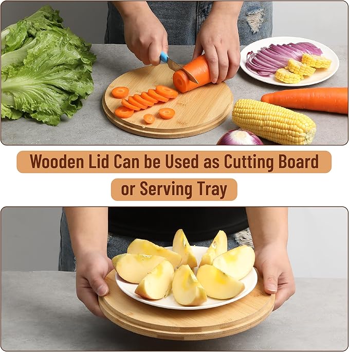 BAMBOO LAND- Large Salad Bowl with Wooden Lid, 10 Inch/108 Oz, White, Bamboo Fiber Salad Bowl with Serving Utensils, Wide Applications