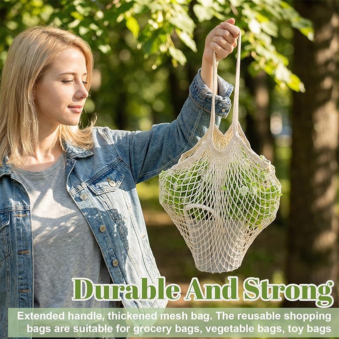 Thinp 2 Pcs Cotton Mesh Produce Bags, Reusable Mesh Grocery Bag with Long Handle Net Tote Cotton String Shopping Bag for Fruit Vegetables Market Shopping