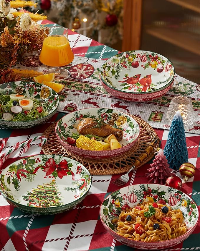 Christmas Pasta Bowls, Ceramic Salad Serving Bowl Set, 8 Inch Wide and Shallow Dinner Bowl Plate for Kitchen, Dishwasher and Microwave Safe, Set of 6