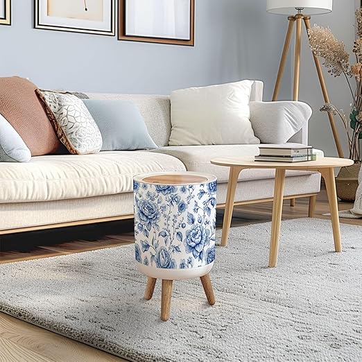 Trash Can with Lid Bloom Vintage floral seamless Spring flowers Blue white Chinoiserie Press Top Round Small Garbage Bin with Wooden Legs Waste Basket for Kitchen Bedroom Nursery 7L/1.8 Gallon