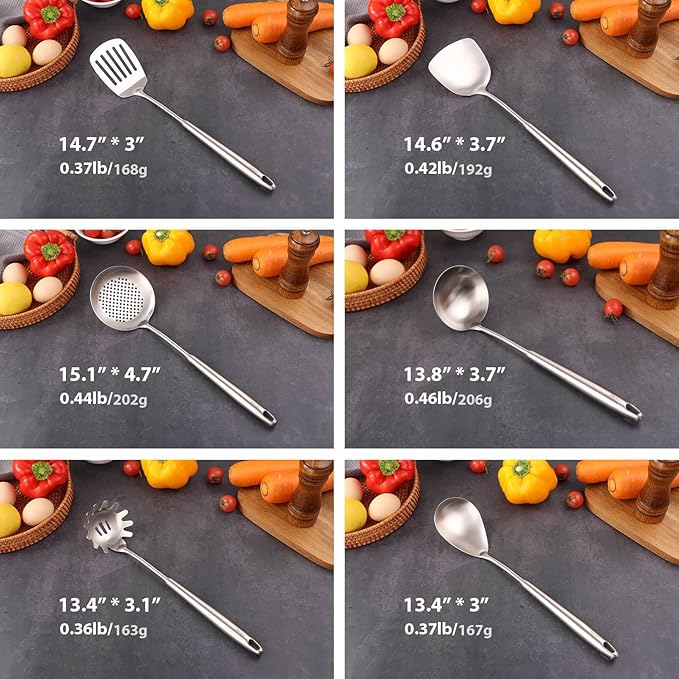 18/10 Stainless Steel Kitchen Utensils Set, 6 PCS All Metal Professional Cooking Utensils, 15" Long Kitchen Tools - Spatula, Ladle, Skimmer Spoon, Pasta Serve, Large Spoon, Slotted Spatula Tunner