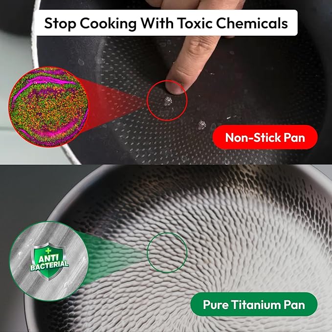 Plateful Titanium Pan For Cooking 12" - Pure, No Coating Non-Stick Titanium Cookware, Frying Pans, Hammered Pan, Safe For Oven, Induction & Cooktops Up To 750°F, Includes Lid