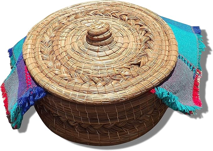 Authentic Mexican Tortilla Warmer Basket - Pine Needle Handwoven with Handloomed Cloth (Natural 8" w cloth)