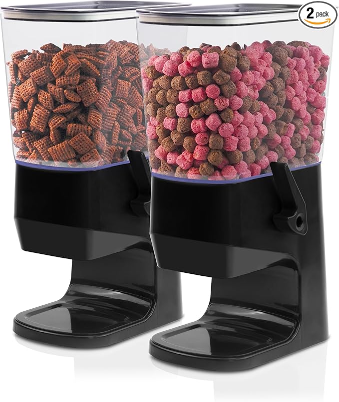 Cereal Dispenser Countertop, Dry Food Dispenser Snack Organizer, Slim Cereal Containers Storage Dispenser with Lids for Pantry, Kitchen Organization Oatmeal Nut Granola Candy, Black, 2pcs